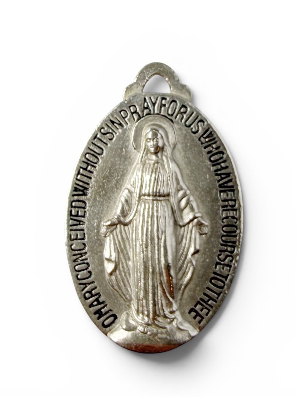 Vintage Virgin Mary Miraculous Medal Oval Silvertone Medal Charm Pendant